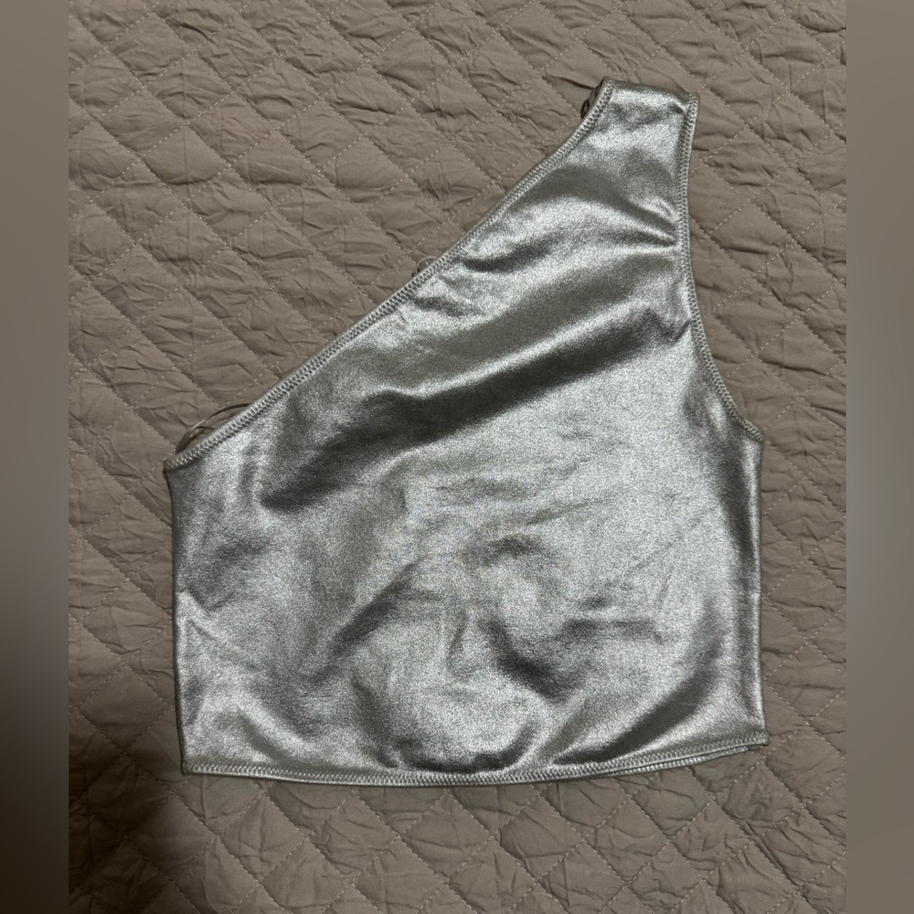 Zara Metallic Silver One-Shoulder Crop Top